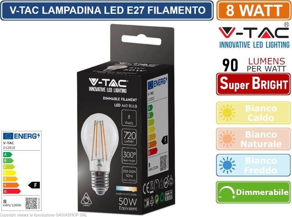 V-TAC VT-2288D LAMPADINA LED E27 8W BULB A60 GOCCIA FILAMENT DIMMERABILE VETRO TRASPARENTE - SKU 212815 - 2
