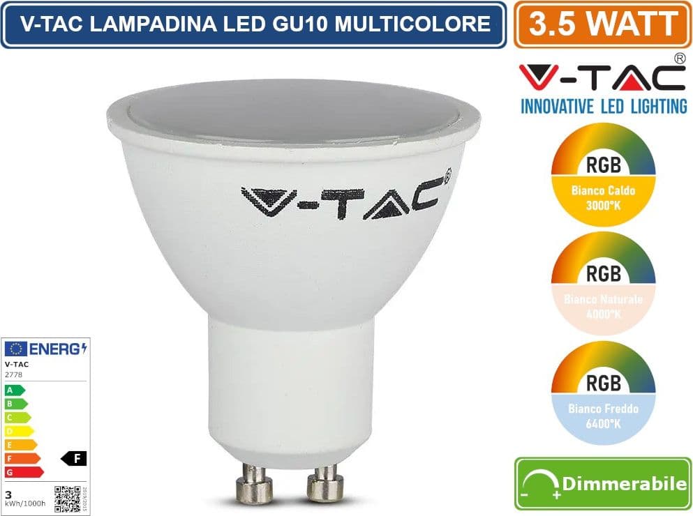 V-TAC VT-2244 LAMPADINA LED GU10 3,5W FARETTO SPOTLIGHT 110° RGB+W CON TELECOMANDO - SKU 2778 / 2779 / 2780 - 2