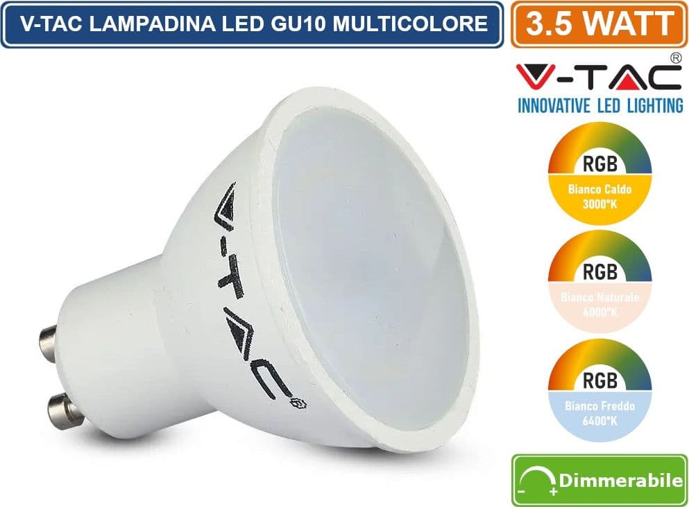 V-TAC VT-2244 LAMPADINA LED GU10 3,5W FARETTO SPOTLIGHT 110° RGB+W CON TELECOMANDO - SKU 2778 / 2779 / 2780 - 3