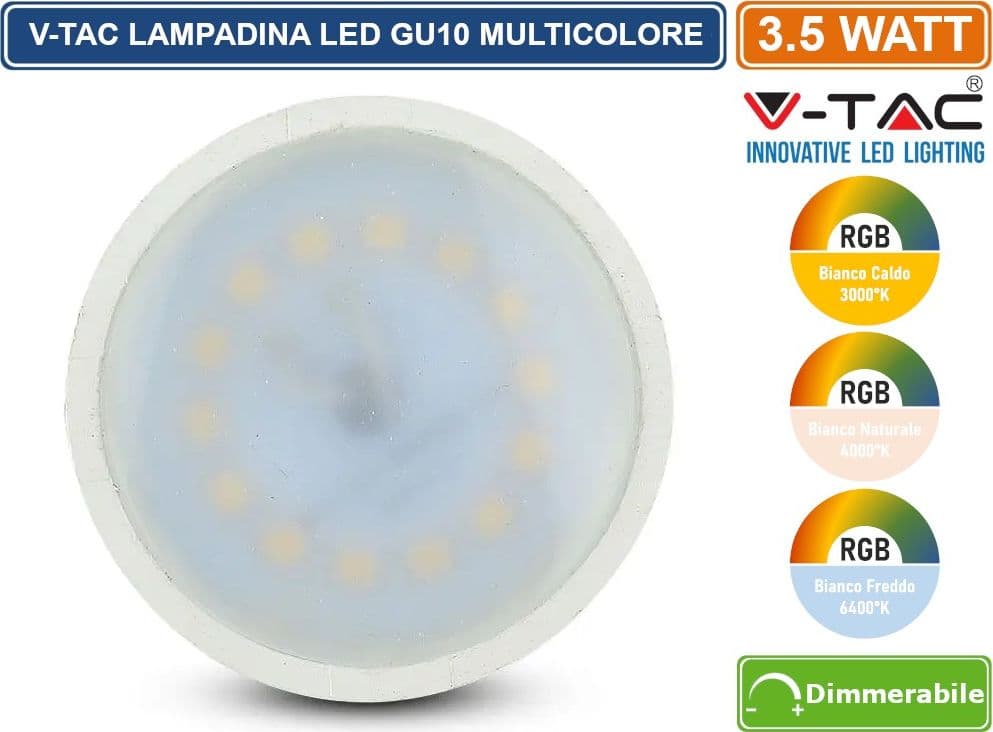 V-TAC VT-2244 LAMPADINA LED GU10 3,5W FARETTO SPOTLIGHT 110° RGB+W CON TELECOMANDO - SKU 2778 / 2779 / 2780 - 4