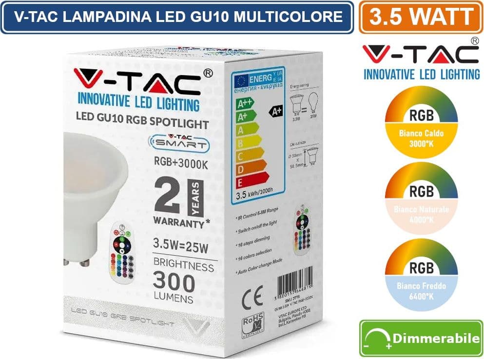 V-TAC VT-2244 LAMPADINA LED GU10 3,5W FARETTO SPOTLIGHT 110° RGB+W CON TELECOMANDO - SKU 2778 / 2779 / 2780 - 5