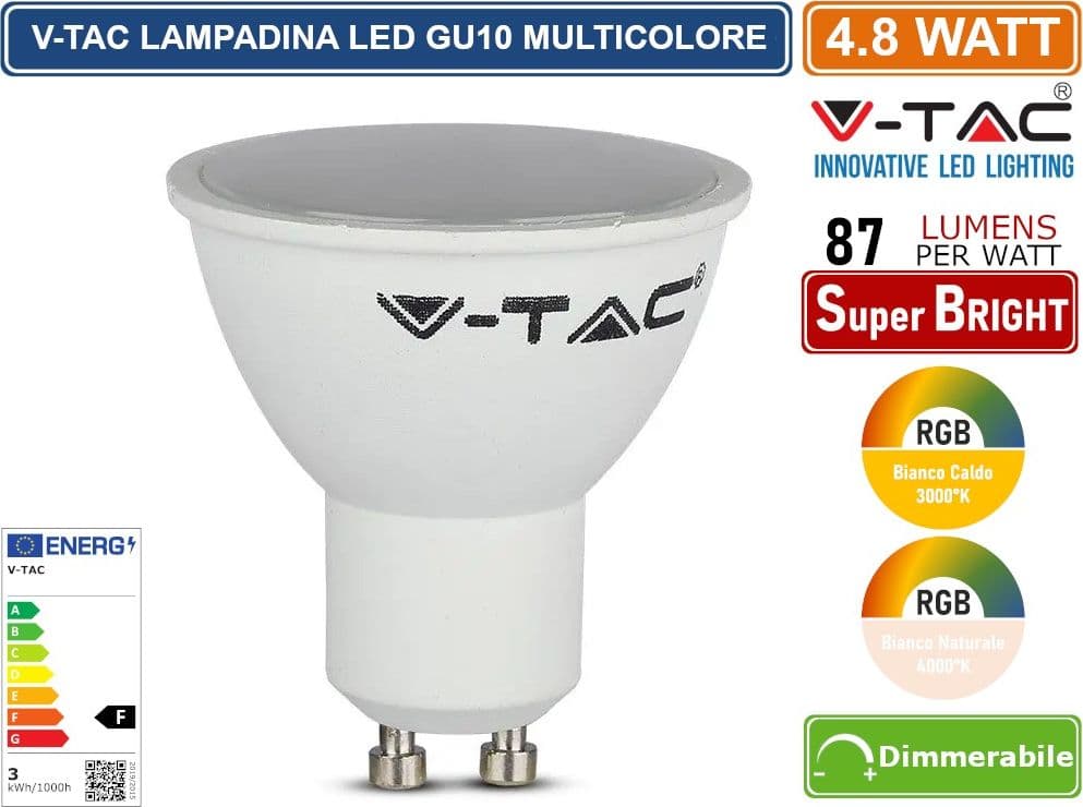 V-TAC SMART VT-2244 LAMPADINA LED GU10 4.8W FARETTO SPOTLIGHT SMD RGB+W CCT DIMMERABILE CON TELECOMANDO - SKU 2927 / 2930 - 2