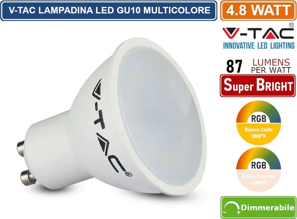 V-TAC SMART VT-2244 LAMPADINA LED GU10 4.8W FARETTO SPOTLIGHT SMD RGB+W CCT DIMMERABILE CON TELECOMANDO - SKU 2927 / 2930 - 3