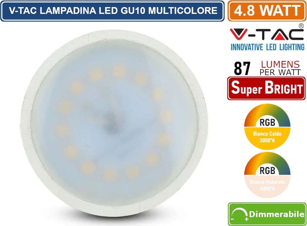 V-TAC SMART VT-2244 LAMPADINA LED GU10 4.8W FARETTO SPOTLIGHT SMD RGB+W CCT DIMMERABILE CON TELECOMANDO - SKU 2927 / 2930 - 4