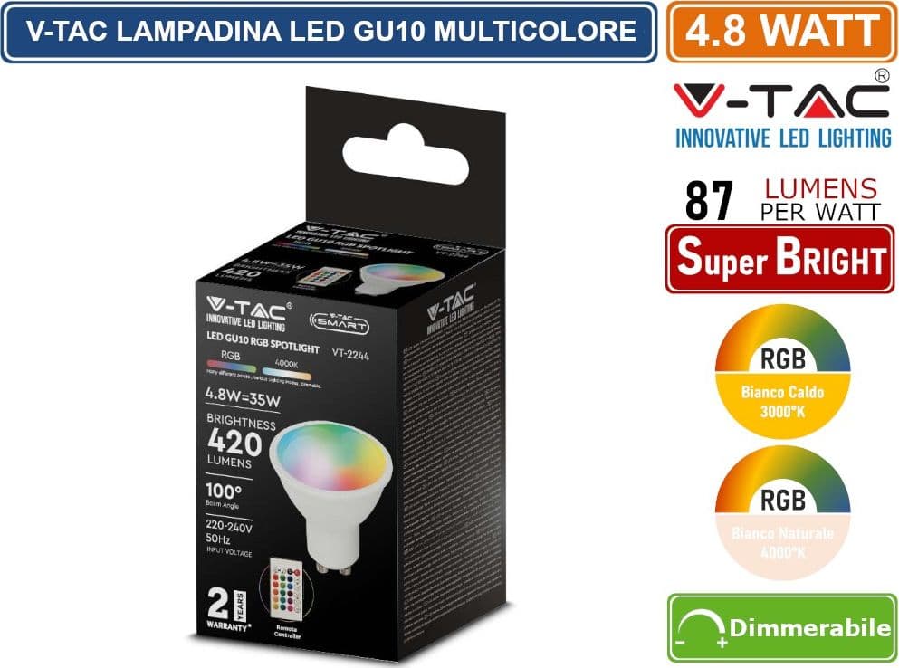 V-TAC SMART VT-2244 LAMPADINA LED GU10 4.8W FARETTO SPOTLIGHT SMD RGB+W CCT DIMMERABILE CON TELECOMANDO - SKU 2927 / 2930 - 5