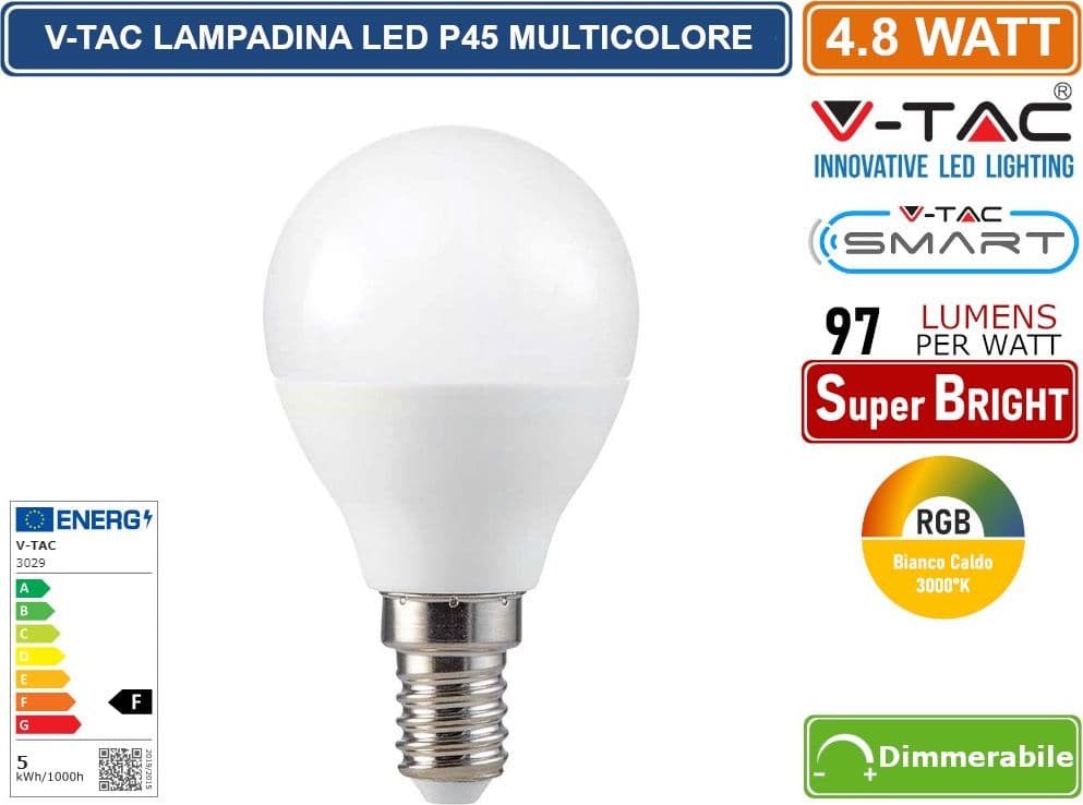 V-TAC SMART VT-2234 LAMPADINA LED SMD E14 4.8W MINIGLOBO P45 RGB+W DIMMERABILE CON TELECOMANDO - SKU 3029 - 2