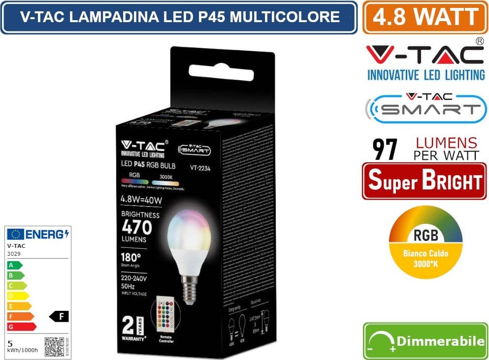 V-TAC SMART VT-2234 LAMPADINA LED SMD E14 4.8W MINIGLOBO P45 RGB+W DIMMERABILE CON TELECOMANDO - SKU 3029 - 3