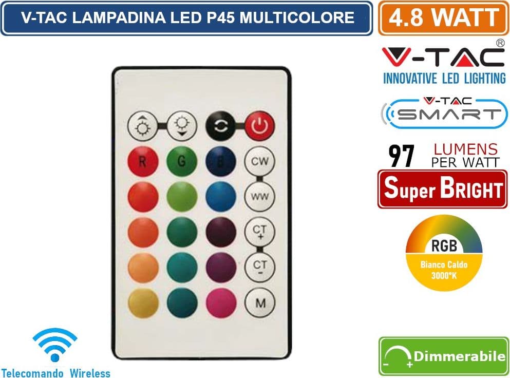 V-TAC SMART VT-2234 LAMPADINA LED SMD E14 4.8W MINIGLOBO P45 RGB+W DIMMERABILE CON TELECOMANDO - SKU 3029 - 4