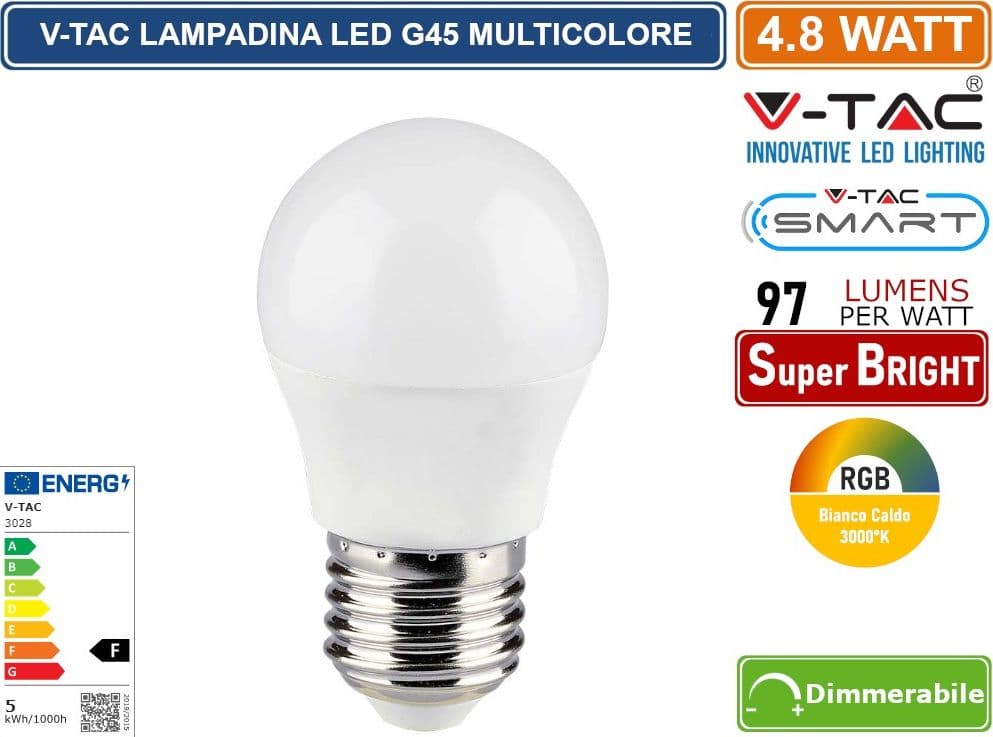 V-TAC SMART VT-2224 LAMPADINA LED SMD E27 4.8W MINIGLOBO G45 RGB+W DIMMERABILE CON TELECOMANDO - SKU 3028 - 2