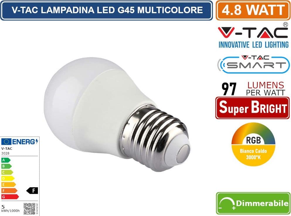 V-TAC SMART VT-2224 LAMPADINA LED SMD E27 4.8W MINIGLOBO G45 RGB+W DIMMERABILE CON TELECOMANDO - SKU 3028 - 3