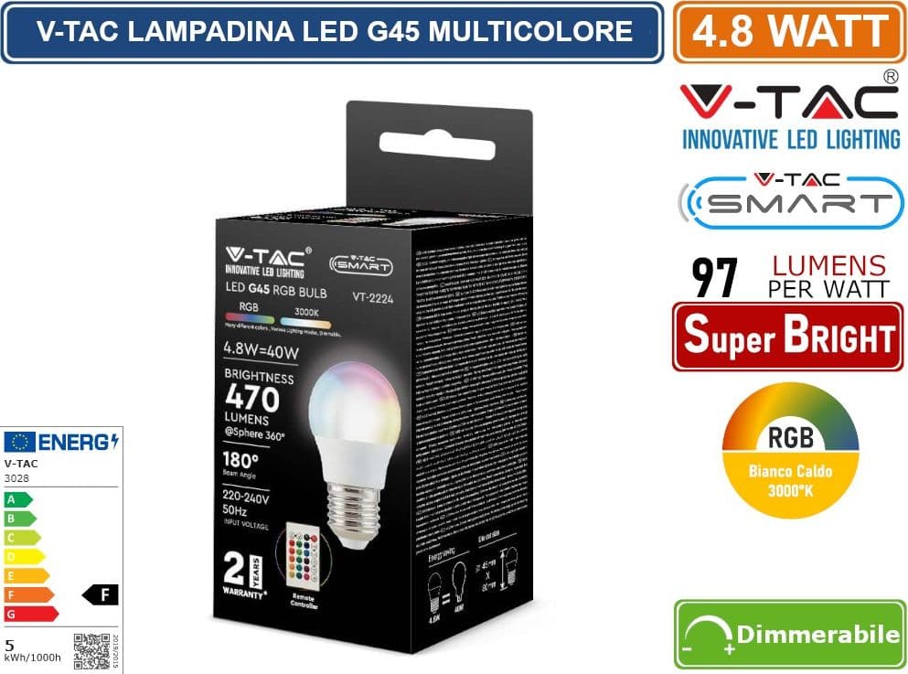 V-TAC SMART VT-2224 LAMPADINA LED SMD E27 4.8W MINIGLOBO G45 RGB+W DIMMERABILE CON TELECOMANDO - SKU 3028 - 4
