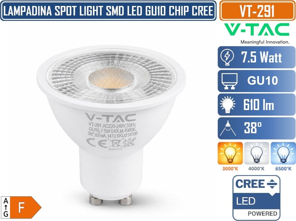 V-TAC VT-291 LAMPADINA LED GU10 7,5W PAR16 CON CHIP CREE SMD 610LM FASCIO 38° LUCE 3000K 4000K 6500K – SKU 218756 218766 218776 - 2