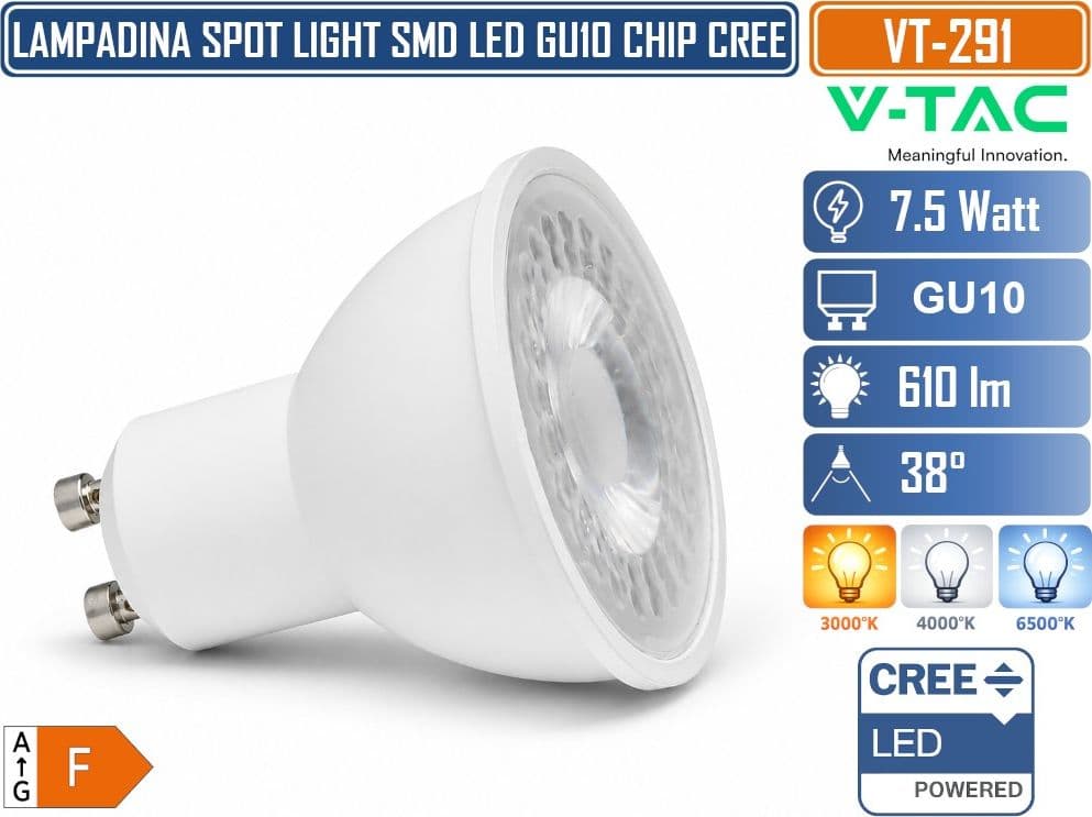 V-TAC VT-291 LAMPADINA LED GU10 7,5W PAR16 CON CHIP CREE SMD 610LM FASCIO 38° LUCE 3000K 4000K 6500K – SKU 218756 218766 218776 - 3