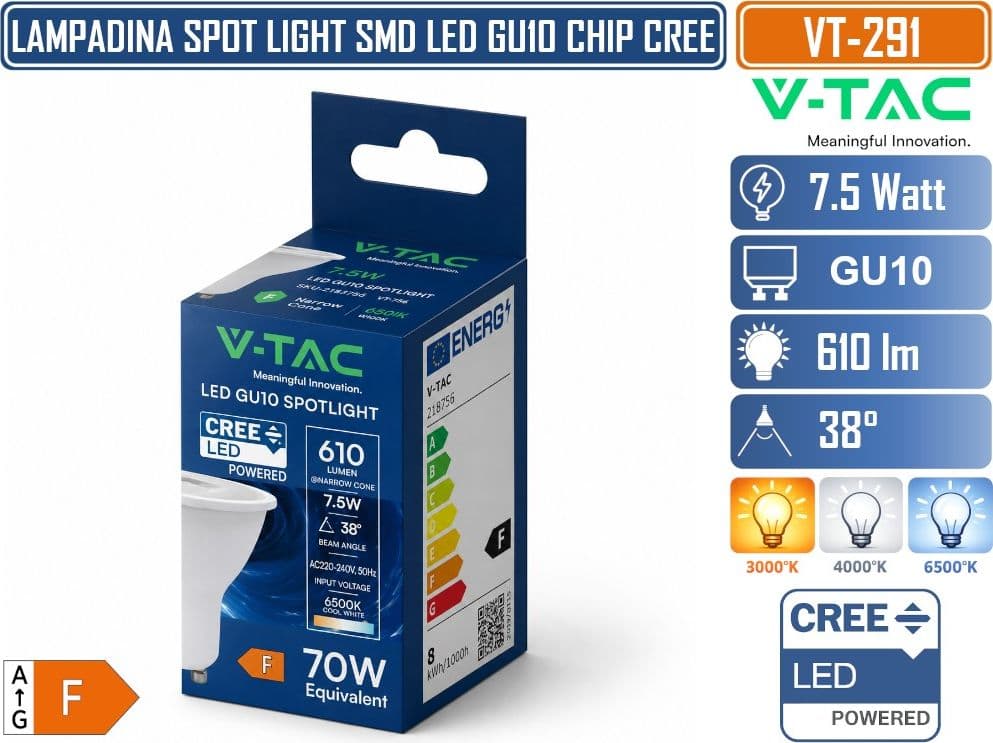 V-TAC VT-291 LAMPADINA LED GU10 7,5W PAR16 CON CHIP CREE SMD 610LM FASCIO 38° LUCE 3000K 4000K 6500K – SKU 218756 218766 218776 - 4