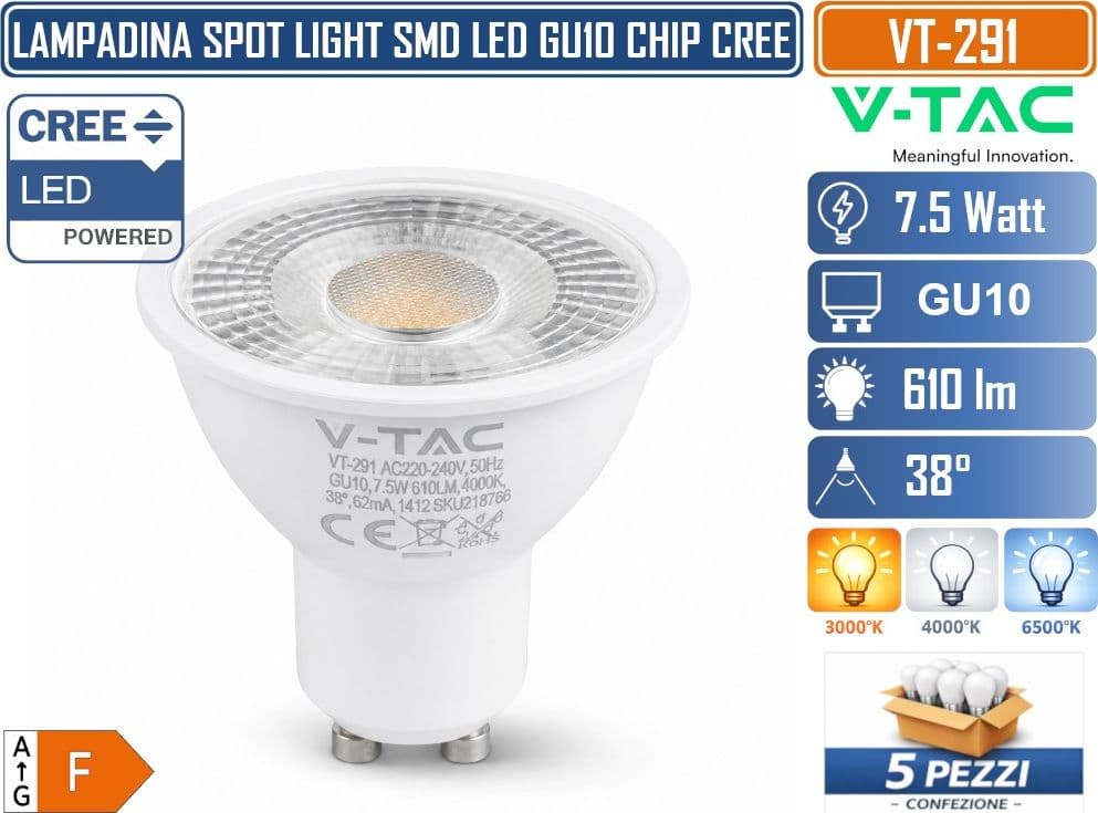 5 PEZZI V-TAC VT-291 LAMPADINA LED GU10 7,5W PAR16 CON CHIP CREE SMD 610LM FASCIO 38° LUCE 3000K 4000K 6500K – SKU 218756 218766 218776 - 2