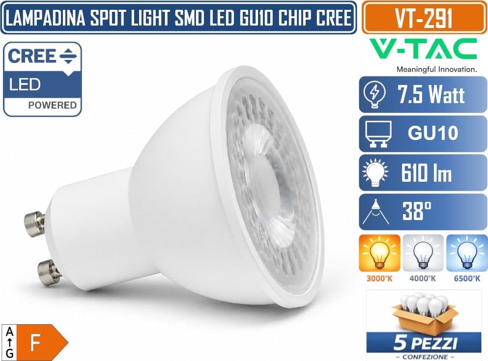 5 PEZZI V-TAC VT-291 LAMPADINA LED GU10 7,5W PAR16 CON CHIP CREE SMD 610LM FASCIO 38° LUCE 3000K 4000K 6500K – SKU 218756 218766 218776 - 3