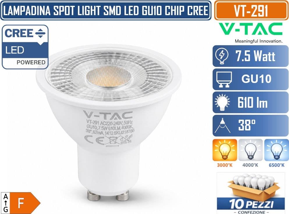 10 PEZZI V-TAC VT-291 LAMPADINA LED GU10 7,5W PAR16 CON CHIP CREE SMD 610LM FASCIO 38° LUCE 3000K 4000K 6500K – SKU 218756 218766 218776 - 2