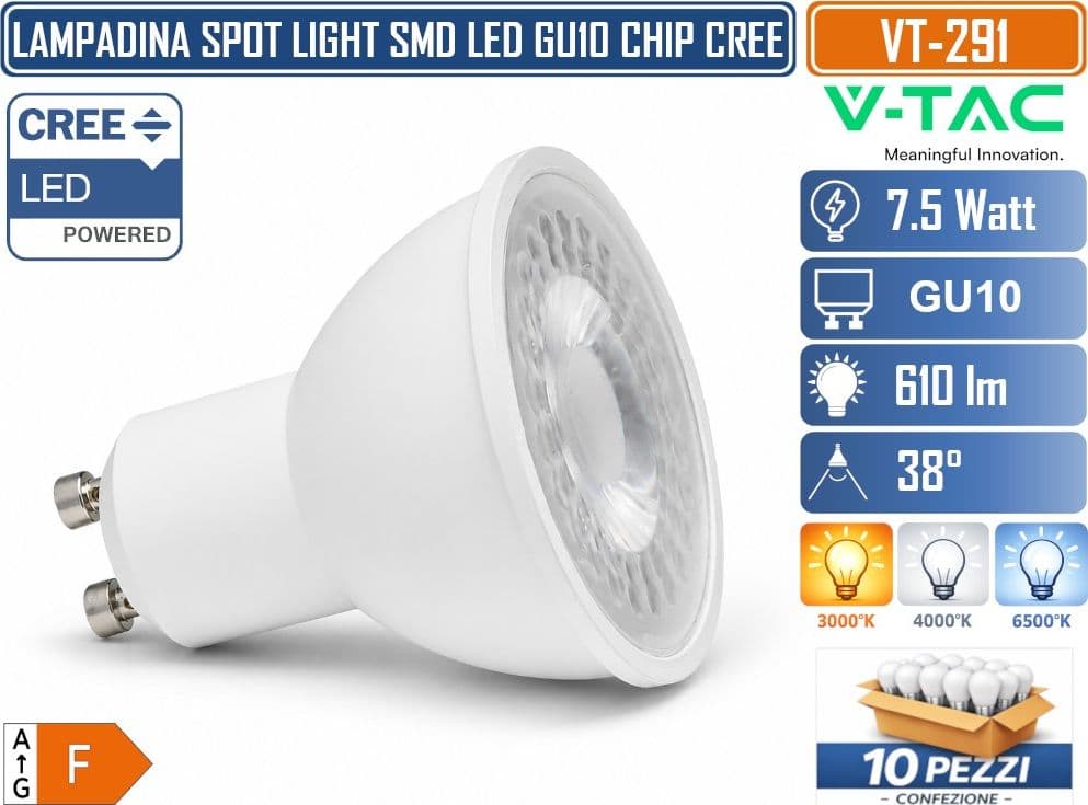 10 PEZZI V-TAC VT-291 LAMPADINA LED GU10 7,5W PAR16 CON CHIP CREE SMD 610LM FASCIO 38° LUCE 3000K 4000K 6500K – SKU 218756 218766 218776 - 3