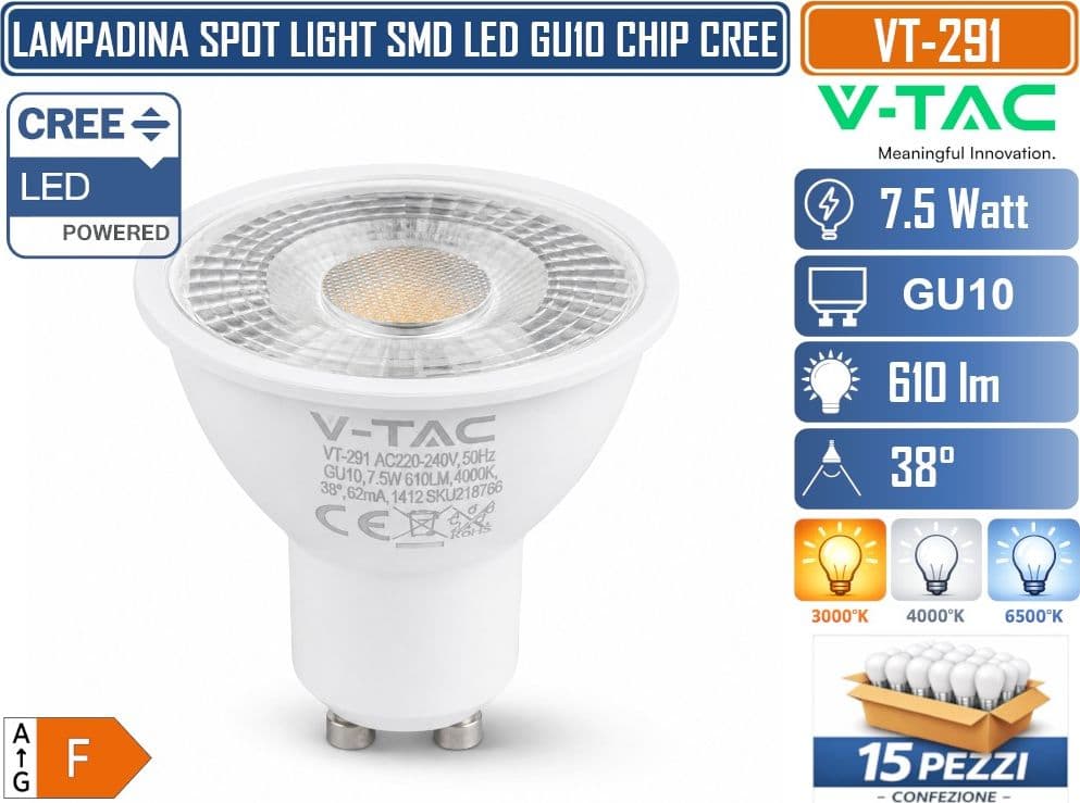 15 PEZZI V-TAC VT-291 LAMPADINA LED GU10 7,5W PAR16 CON CHIP CREE SMD 610LM FASCIO 38° LUCE 3000K 4000K 6500K – SKU 218756 218766 218776 - 2