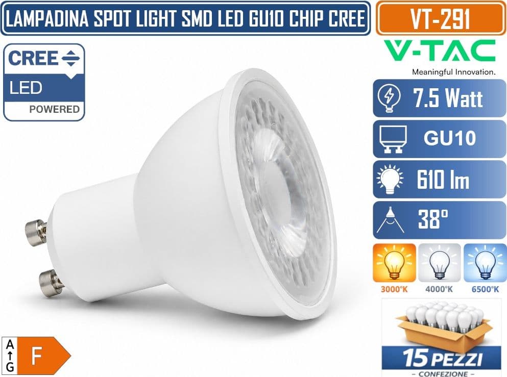 15 PEZZI V-TAC VT-291 LAMPADINA LED GU10 7,5W PAR16 CON CHIP CREE SMD 610LM FASCIO 38° LUCE 3000K 4000K 6500K – SKU 218756 218766 218776 - 3