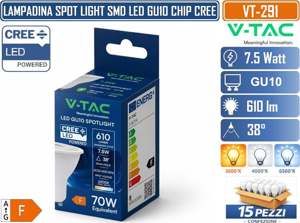 15 PEZZI V-TAC VT-291 LAMPADINA LED GU10 7,5W PAR16 CON CHIP CREE SMD 610LM FASCIO 38° LUCE 3000K 4000K 6500K – SKU 218756 218766 218776 - 4