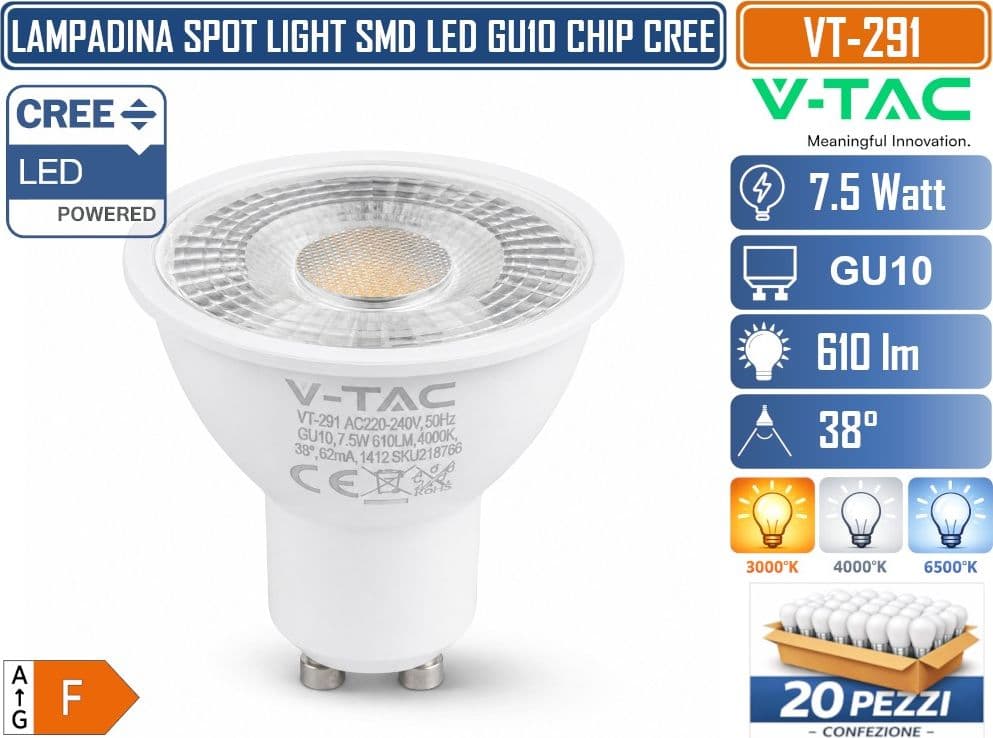 20 PEZZI V-TAC VT-291 LAMPADINA LED GU10 7,5W PAR16 CON CHIP CREE SMD 610LM FASCIO 38° LUCE 3000K 4000K 6500K – SKU 218756 218766 218776 - 2