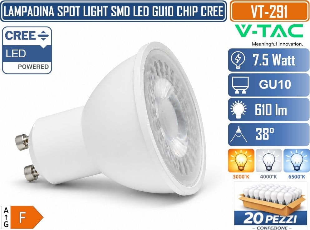 20 PEZZI V-TAC VT-291 LAMPADINA LED GU10 7,5W PAR16 CON CHIP CREE SMD 610LM FASCIO 38° LUCE 3000K 4000K 6500K – SKU 218756 218766 218776 - 3