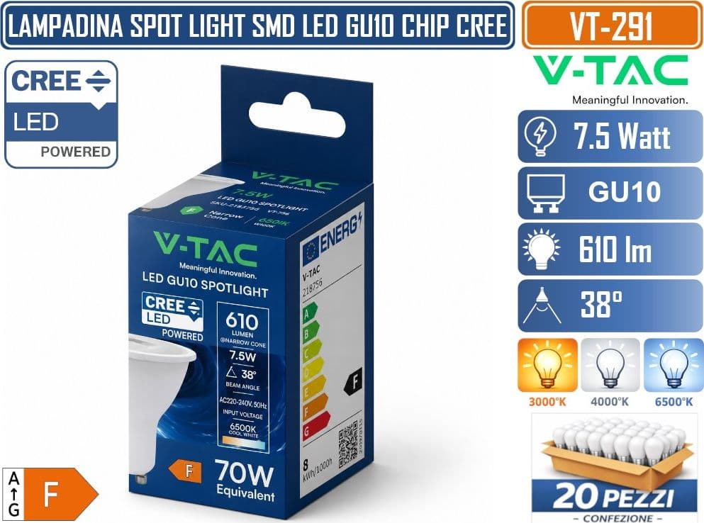 20 PEZZI V-TAC VT-291 LAMPADINA LED GU10 7,5W PAR16 CON CHIP CREE SMD 610LM FASCIO 38° LUCE 3000K 4000K 6500K – SKU 218756 218766 218776 - 4