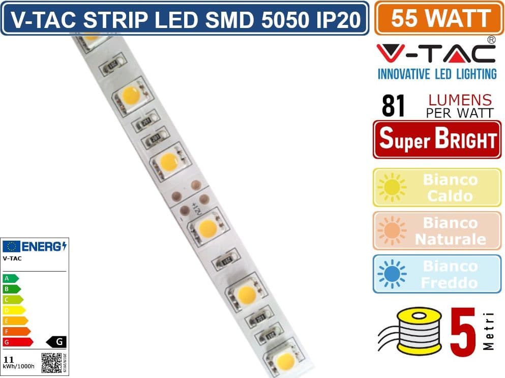 V-TAC VT-5050-60 STRISCIA LED FLESSIBILE 55W SMD MONOCOLORE 60 LED/METRO 12V - BOBINA DA 5 METRI - SKU 212122 / 212143 / 212126 - 2