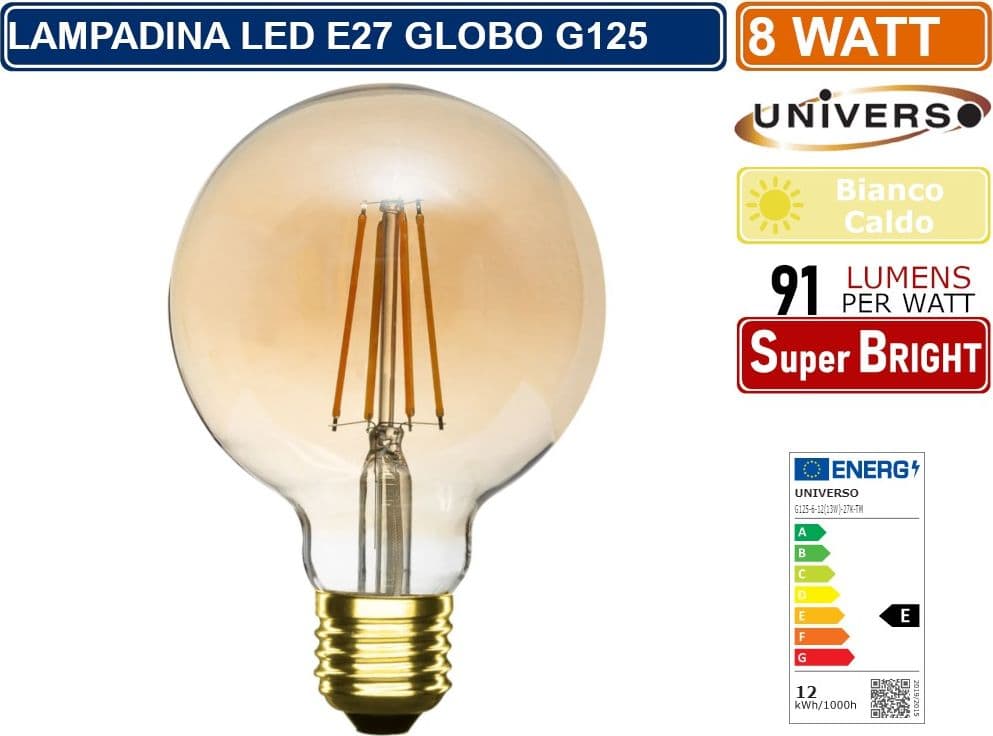 LAMPADINA LED GLOBO G125 A FILAMENTO VINTAGE 8W E27 VETRO AMBRATO LUCE CALDA 2600K - 2