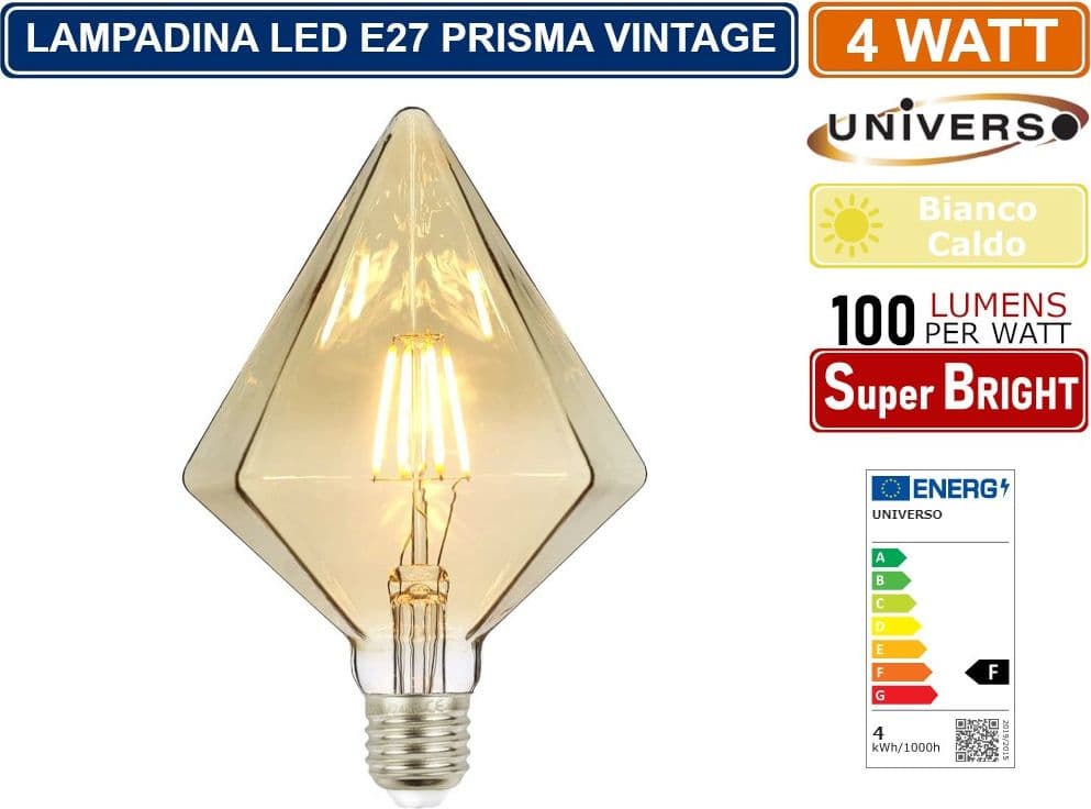 LAMPADINA LED VINTAGE A FORMA DI PRISMA E27 4W VETRO AMBRATO FILAMENTO LUCE CALDA 2500K PUB TAVERNE - 2