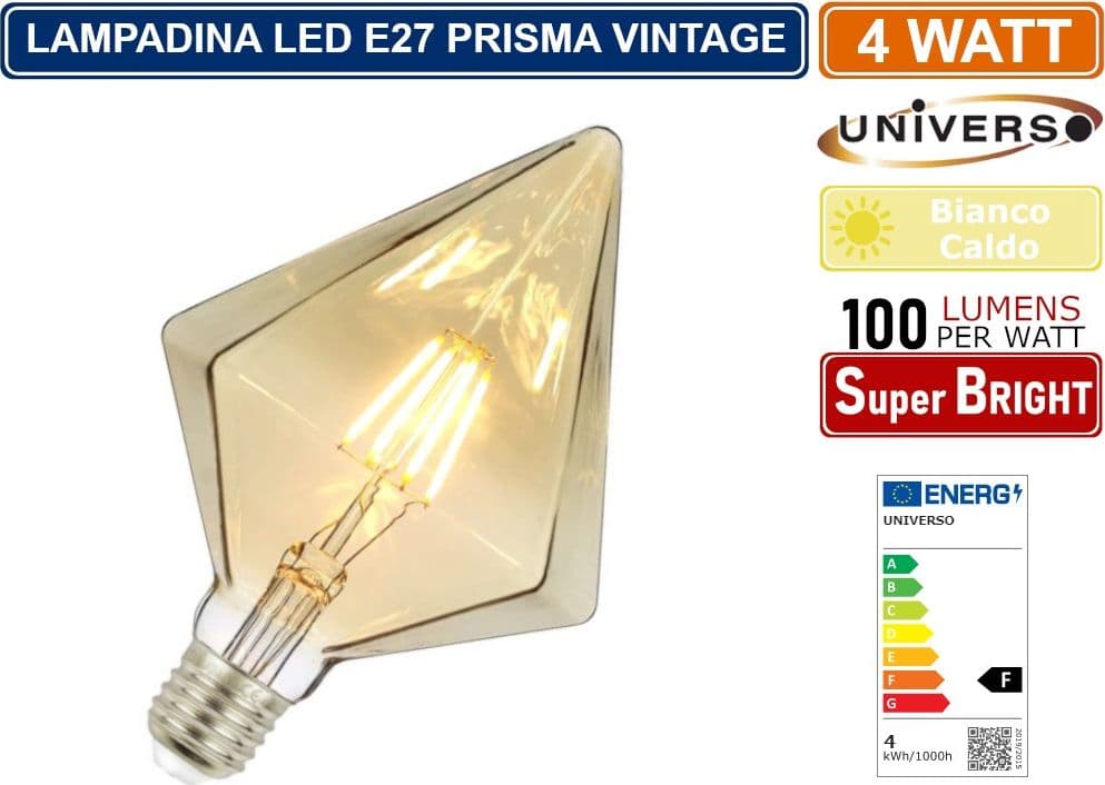 LAMPADINA LED VINTAGE A FORMA DI PRISMA E27 4W VETRO AMBRATO FILAMENTO LUCE CALDA 2500K PUB TAVERNE - 3