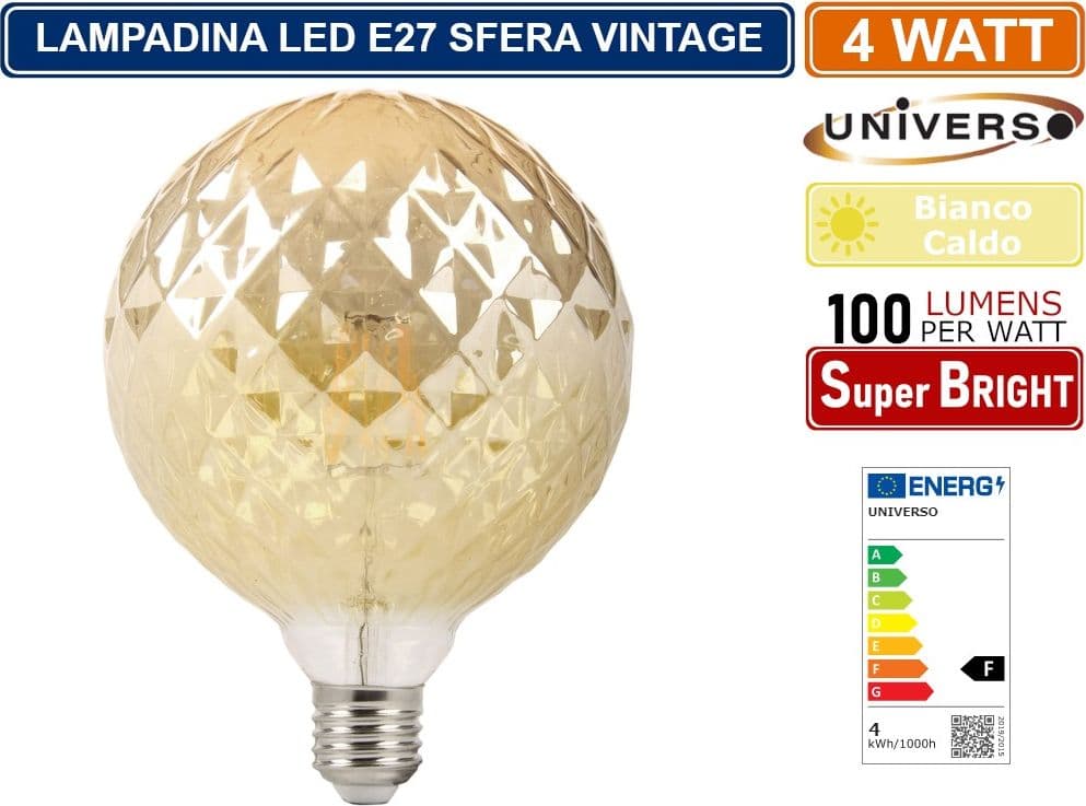 LAMPADINA LED VINTAGE A FORMA DI SFERA SFACCETTATA E27 4W VETRO AMBRATO LUCE CALDA 2500K PUB TAVERNE - 2