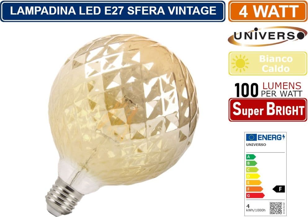 LAMPADINA LED VINTAGE A FORMA DI SFERA SFACCETTATA E27 4W VETRO AMBRATO LUCE CALDA 2500K PUB TAVERNE - 3