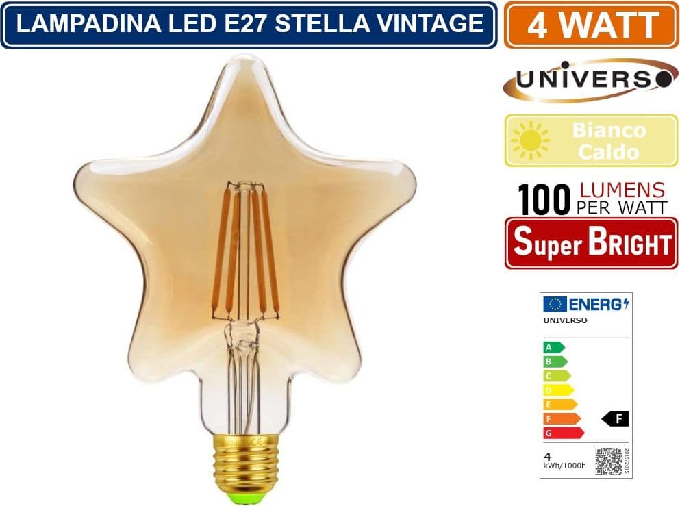 LAMPADINA LED VINTAGE A FORMA DI STELLA E27 4W VETRO AMBRATO FILAMENTO LUCE CALDA 2500K PUB TAVERNE - 2