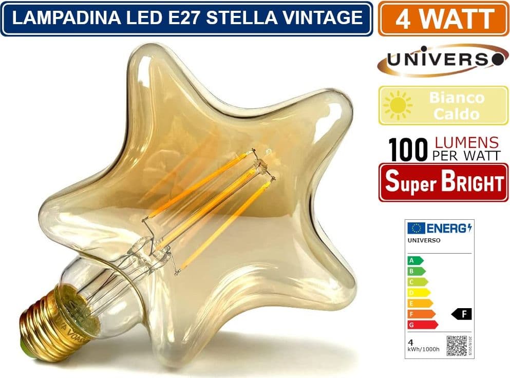 LAMPADINA LED VINTAGE A FORMA DI STELLA E27 4W VETRO AMBRATO FILAMENTO LUCE CALDA 2500K PUB TAVERNE - 3