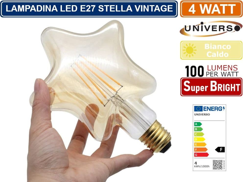 LAMPADINA LED VINTAGE A FORMA DI STELLA E27 4W VETRO AMBRATO FILAMENTO LUCE CALDA 2500K PUB TAVERNE - 4