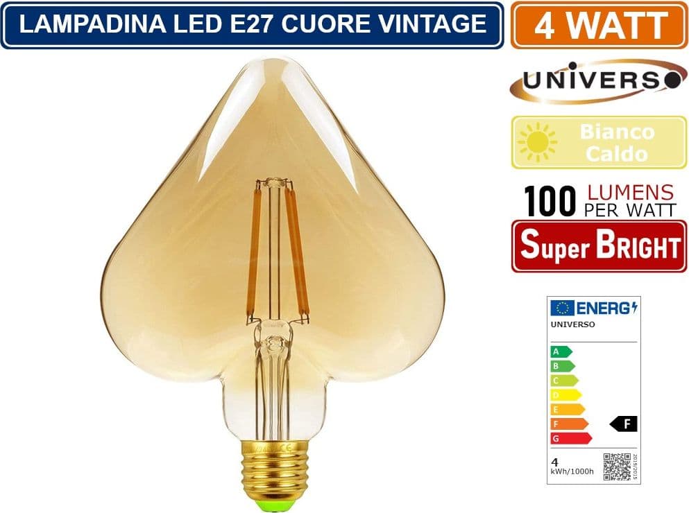 LAMPADINA LED VINTAGE A FORMA DI CUORE E27 4W FILAMENTO VETRO AMBRATO LUCE CALDA 2500K PUB TAVERNE - 2