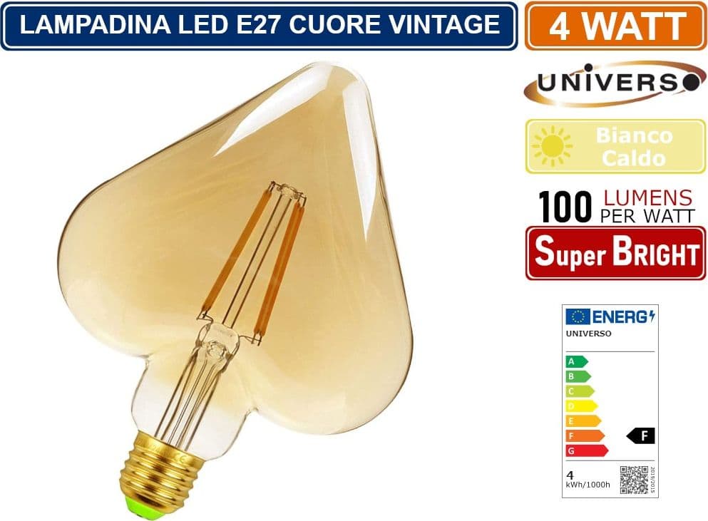 LAMPADINA LED VINTAGE A FORMA DI CUORE E27 4W FILAMENTO VETRO AMBRATO LUCE CALDA 2500K PUB TAVERNE - 3