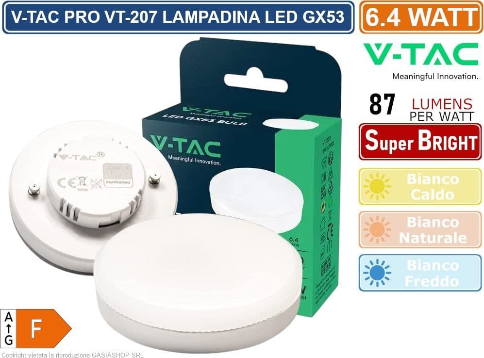 V-Tac VT-207-N Lampadina LED GX53 6,4W Disc SMD - SKU 23901 / 23902 / 23903 - 5