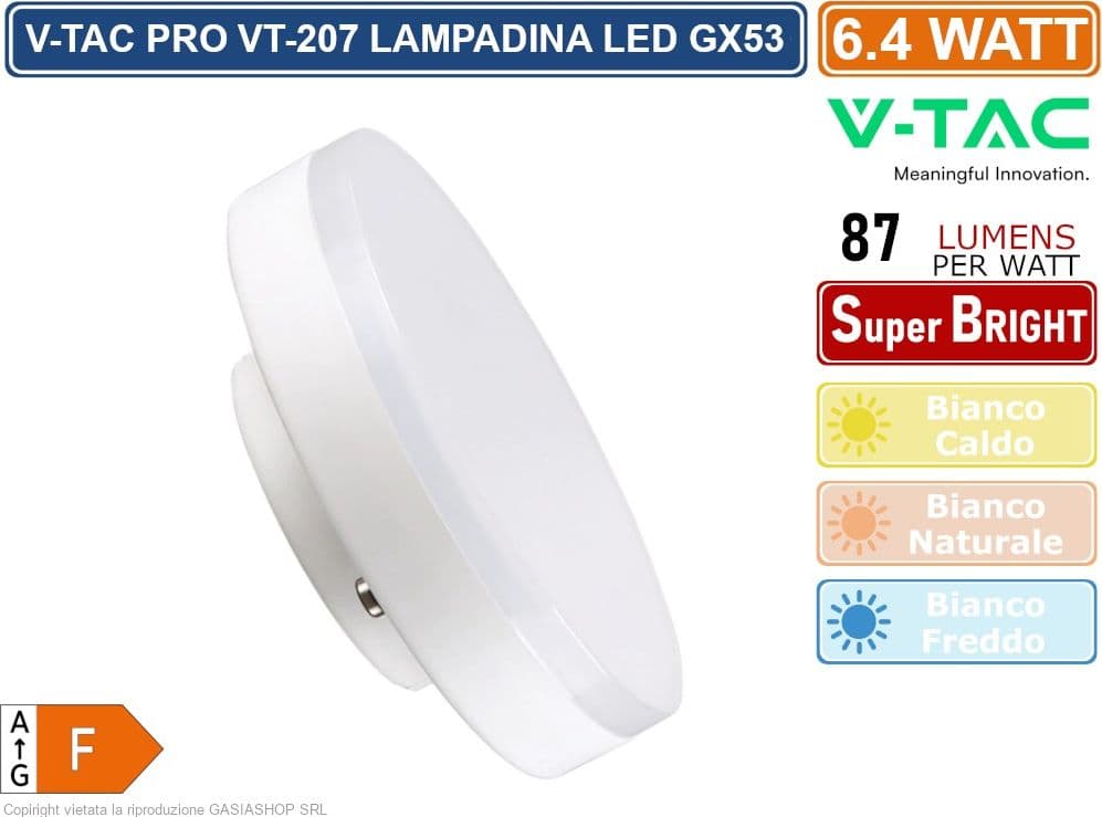 V-Tac VT-207-N Lampadina LED GX53 6,4W Disc SMD - SKU 23901 / 23902 / 23903 - 2