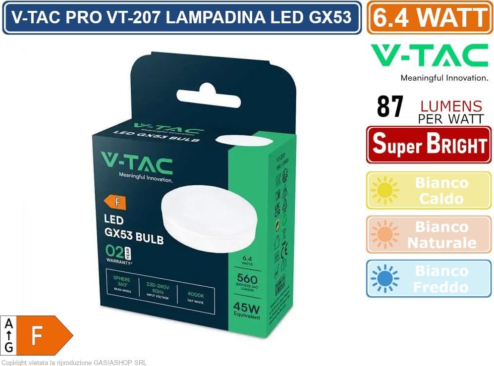 V-Tac VT-207-N Lampadina LED GX53 6,4W Disc SMD - SKU 23901 / 23902 / 23903 - 4