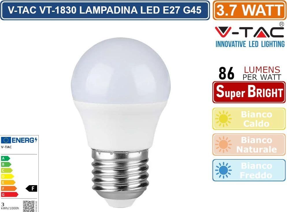V-TAC VT-1830 LAMPADINA LED E27 3.7W BULB G45 MINIGLOBO SMD - SKU 214160 / 214162 / 214207 - 3