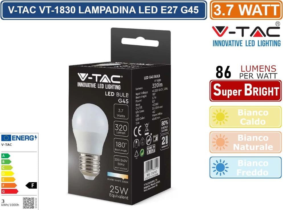 V-TAC VT-1830 LAMPADINA LED E27 3.7W BULB G45 MINIGLOBO SMD - SKU 214160 / 214162 / 214207 - 2