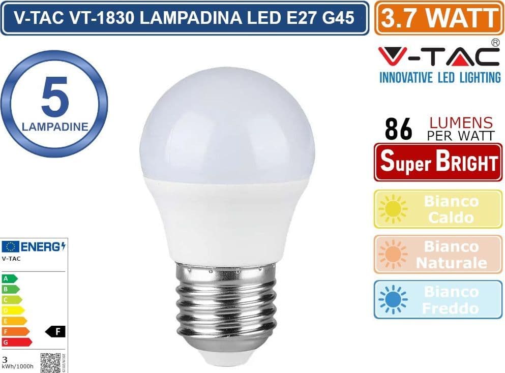 CONFEZIONE 5 PEZZI V-TAC VT-1830 LAMPADINA LED E27 3.7W BULB G45 MINIGLOBO SMD - SKU 214160 / 214162 / 214207 - 3