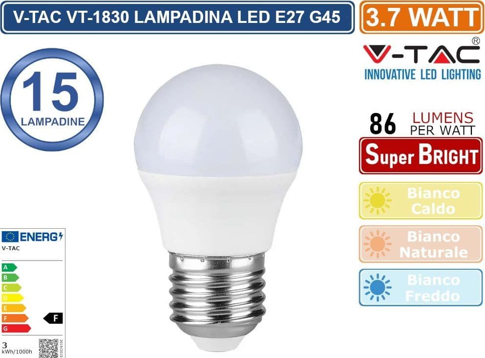 CONFEZIONE 15 PEZZI V-TAC VT-1830 LAMPADINA LED E27 3.7W BULB G45 MINIGLOBO SMD - SKU 214160 / 214162 / 214207 - 3