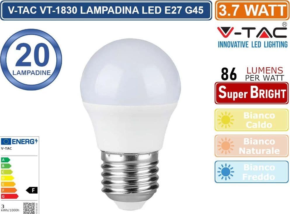 CONFEZIONE 20 PEZZI V-TAC VT-1830 LAMPADINA LED E27 3.7W BULB G45 MINIGLOBO SMD - SKU 214160 / 214162 / 214207 - 3