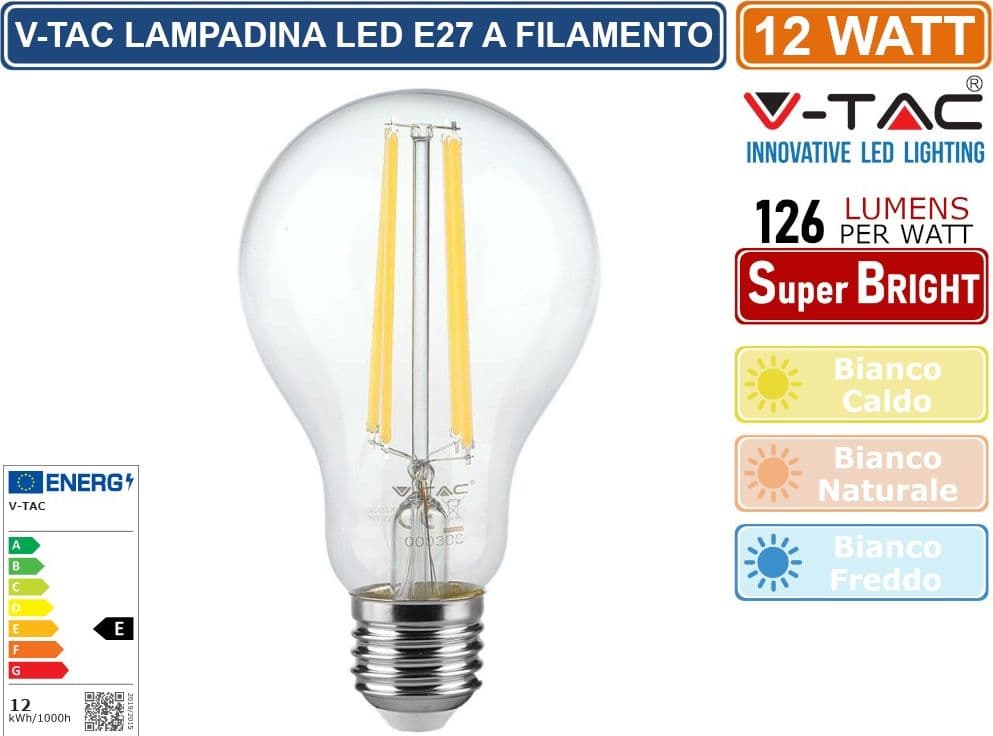V-TAC VT-2133 LAMPADINA LED E27 12W BULB A60 GOCCIA FILAMENT VETRO TRASPARENTE - SKU 217458 / 217459 / 217460 - 2