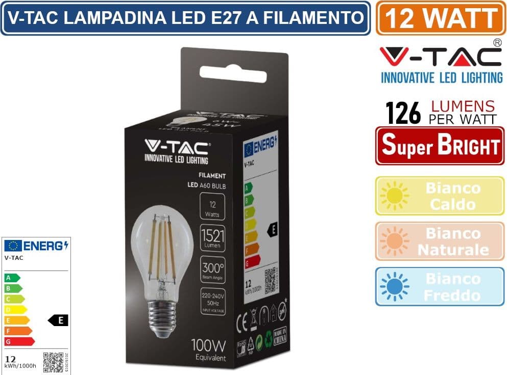 V-TAC VT-2133 LAMPADINA LED E27 12W BULB A60 GOCCIA FILAMENT VETRO TRASPARENTE - SKU 217458 / 217459 / 217460 - 3