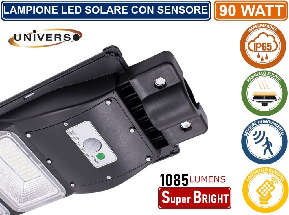 LAMPIONE STRADALE LED 90W CON PANNELLO SOLARE FOTOVOLTAICO E SENSORE DI MOVIMENTO IP65 1085 LUMEN - 2